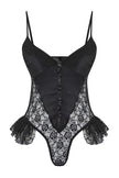 Black Lace and Satin Ruffled Unlined Fantasy Bodysuit