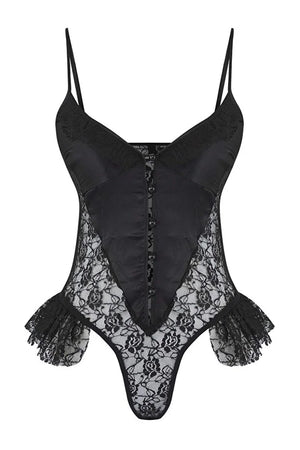Black Lace and Satin Ruffled Unlined Fantasy Bodysuit