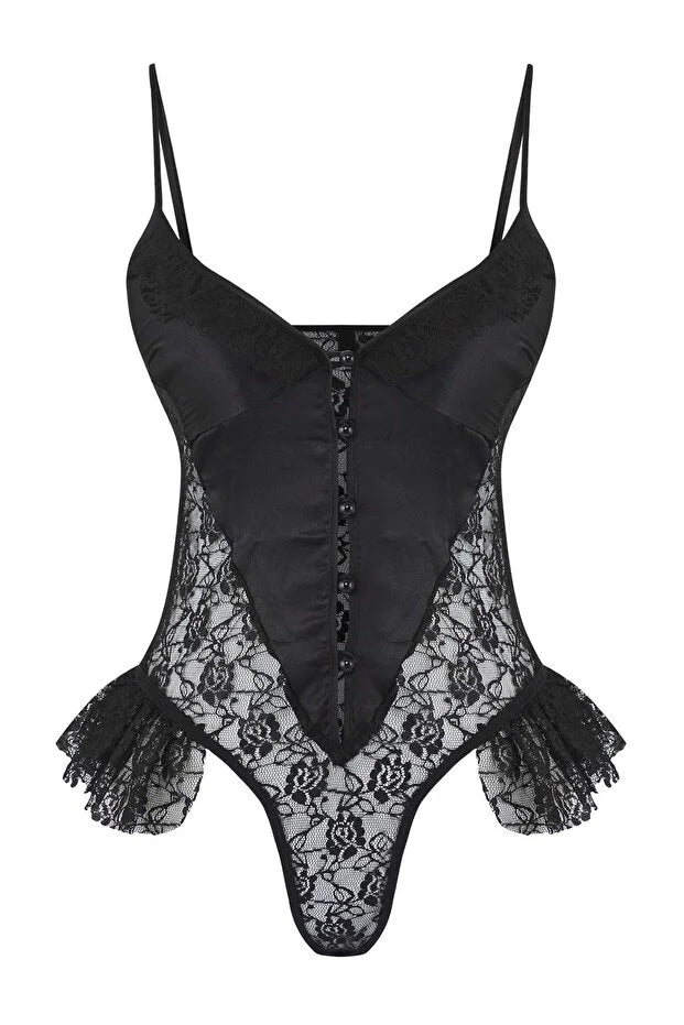 Black Lace and Satin Ruffled Unlined Fantasy Bodysuit