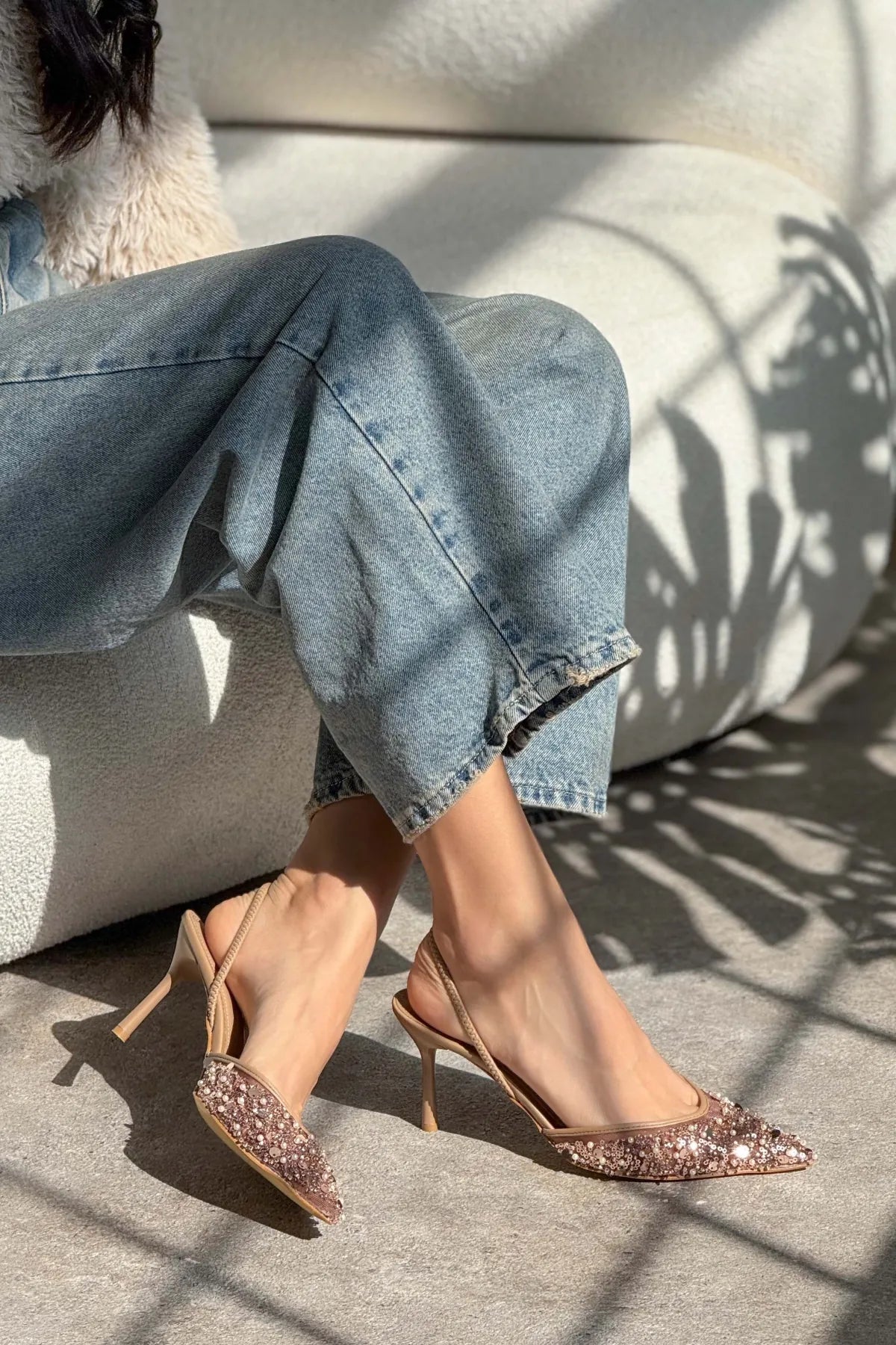 SARA Nude Mesh Beaded Detail Pointed Toe Women’s Heel Shoes