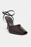KAHLA Coffee Patent Leather Ankle Strap Open Toe Women’s Heel Shoes