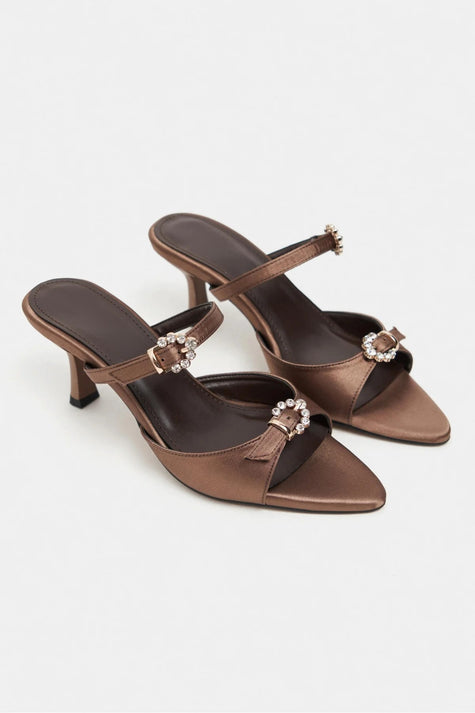 CALISTA Brown Satin Buckle-Detail Pointed-Toe Women's Mule Heels