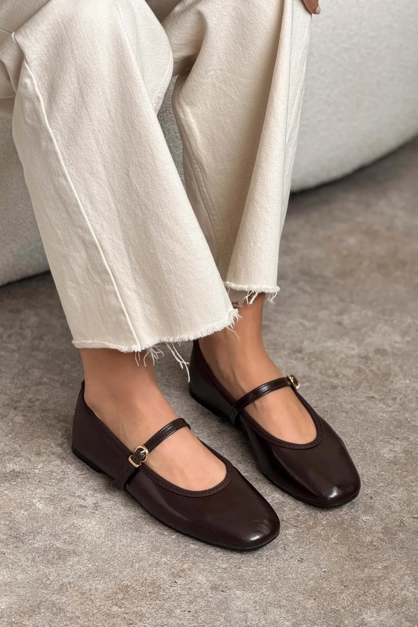 JEREMI Coffee Wrinkled Matte Belt Detail Women’s Ballet Flats