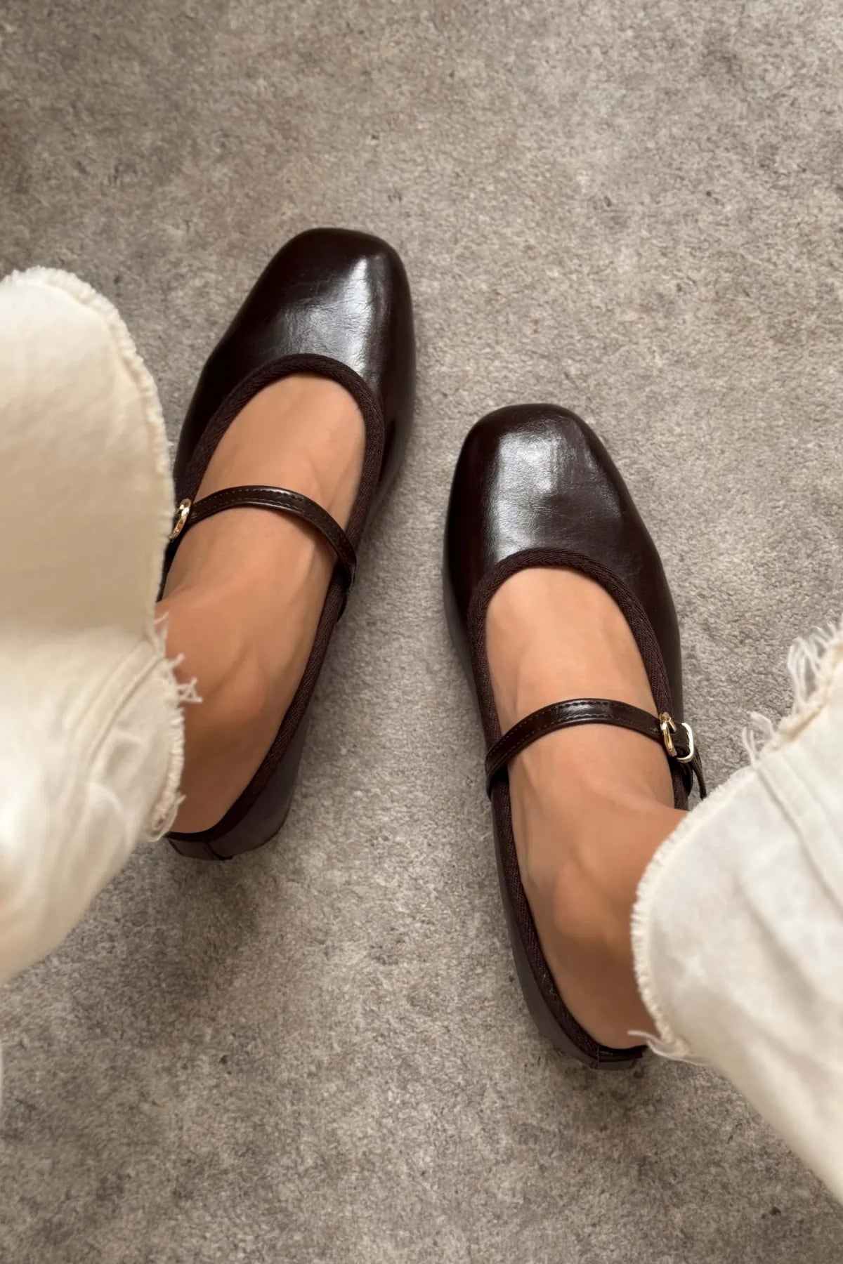 JEREMI Coffee Wrinkled Matte Belt Detail Women’s Ballet Flats