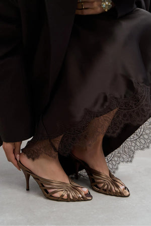 JUDITH Coffee Satin Open Toe Cage Detail Women’s Heeled Slippers