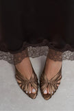 JUDITH Coffee Satin Open Toe Cage Detail Women’s Heeled Slippers
