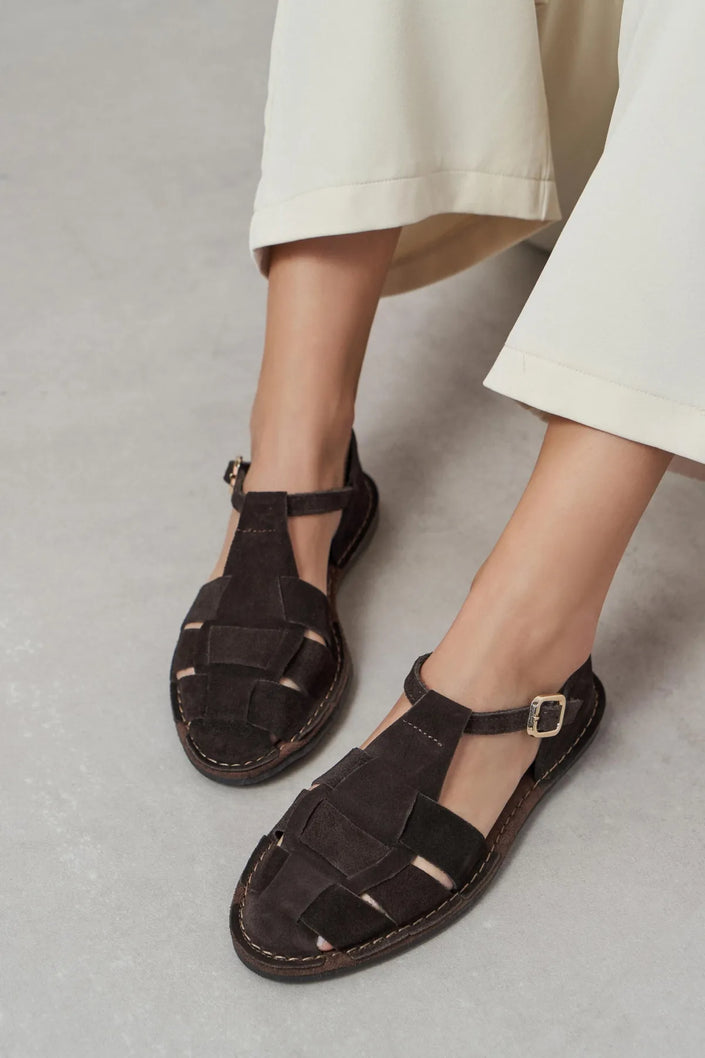 HUGEL Coffee Suede Leather Buckle Detail Women’s Sandals
