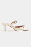 CALISTA Beige Satin Buckle-Detail Pointed-Toe Women's Mule Heels