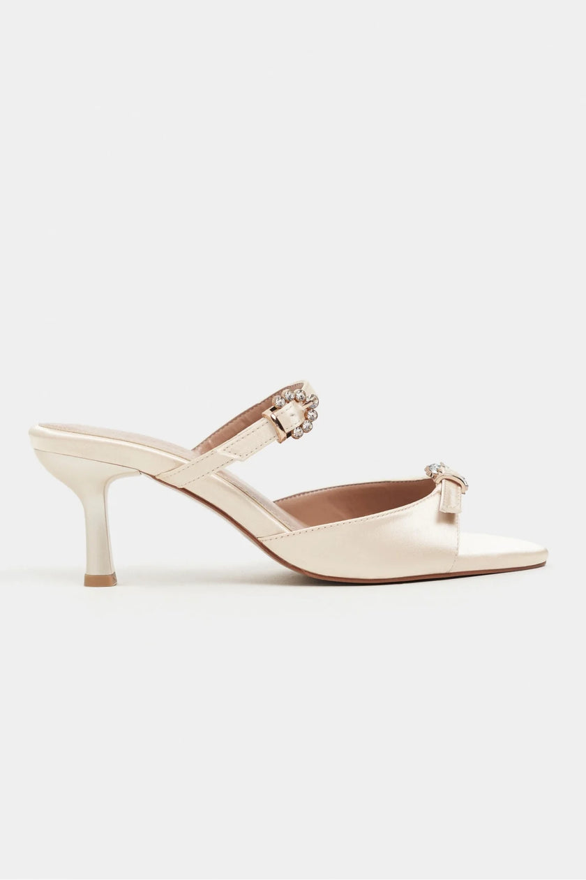 CALISTA Beige Satin Buckle-Detail Pointed-Toe Women's Mule Heels