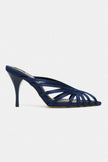 JUDITH Navy Blue Satin Open Toe Cage Detail Women’s Heeled Slippers