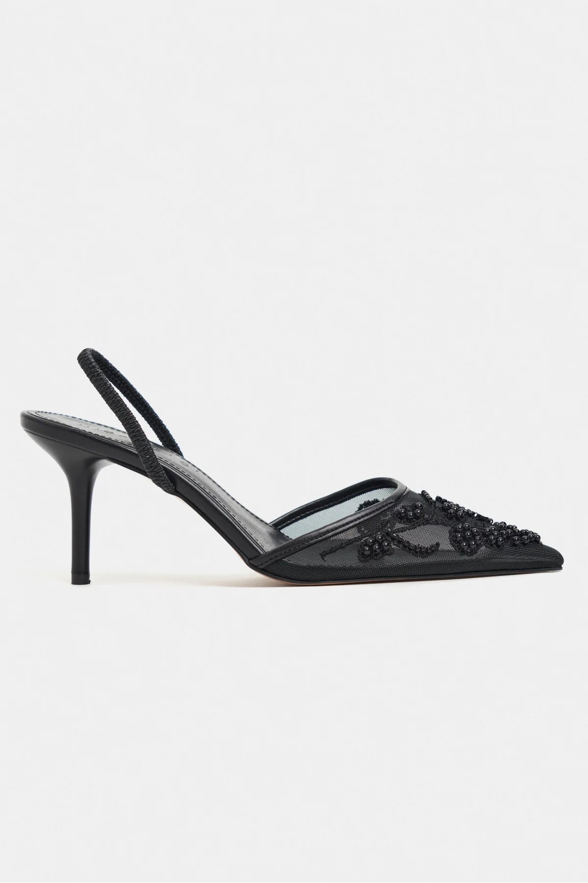 Shine Black Beaded Mesh Pointed-Toe Women's Heeled Shoes