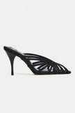 JUDITH Black Satin Open Toe Cage Detail Women’s Heeled Slippers