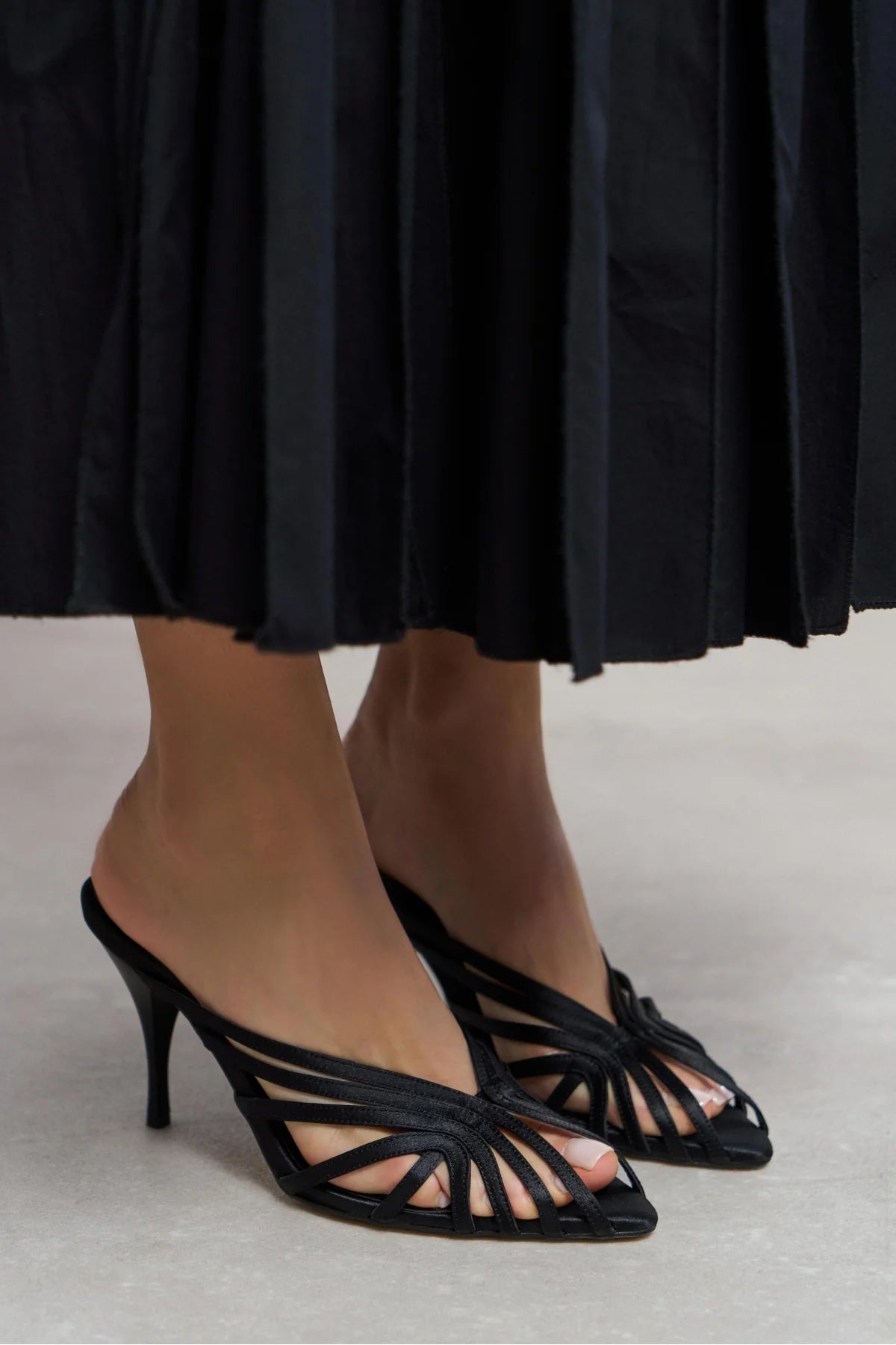 JUDITH Black Satin Open Toe Cage Detail Women’s Heeled Slippers | FOOTWEAR | Heels | Slipper | Lebbse JUDITH Black Satin Open Toe Cage Detail Women’s Heeled Slippers | FOOTWEAR | Heels | Slipper | Lebbse