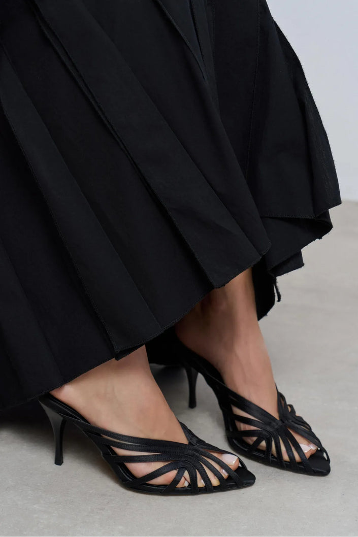 JUDITH Black Satin Open Toe Cage Detail Women’s Heeled Slippers