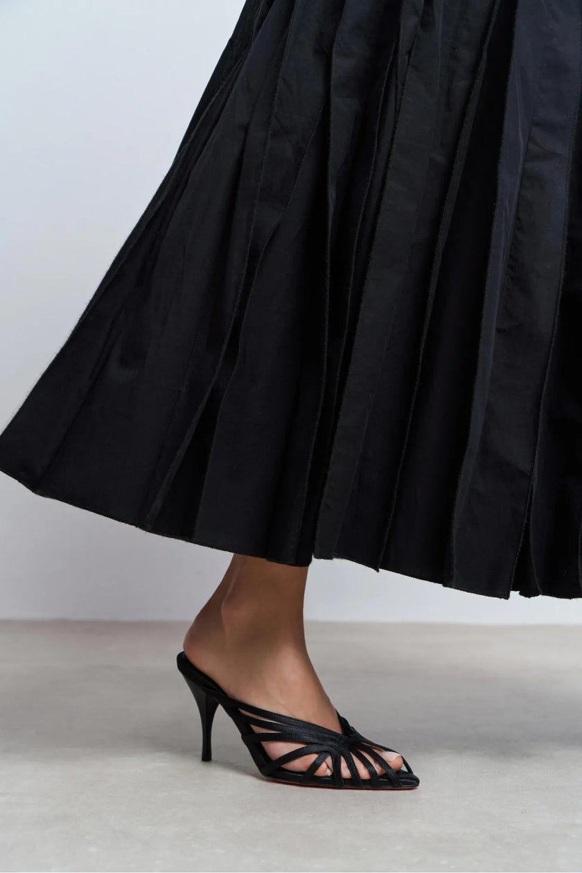 JUDITH Black Satin Open Toe Cage Detail Women’s Heeled Slippers