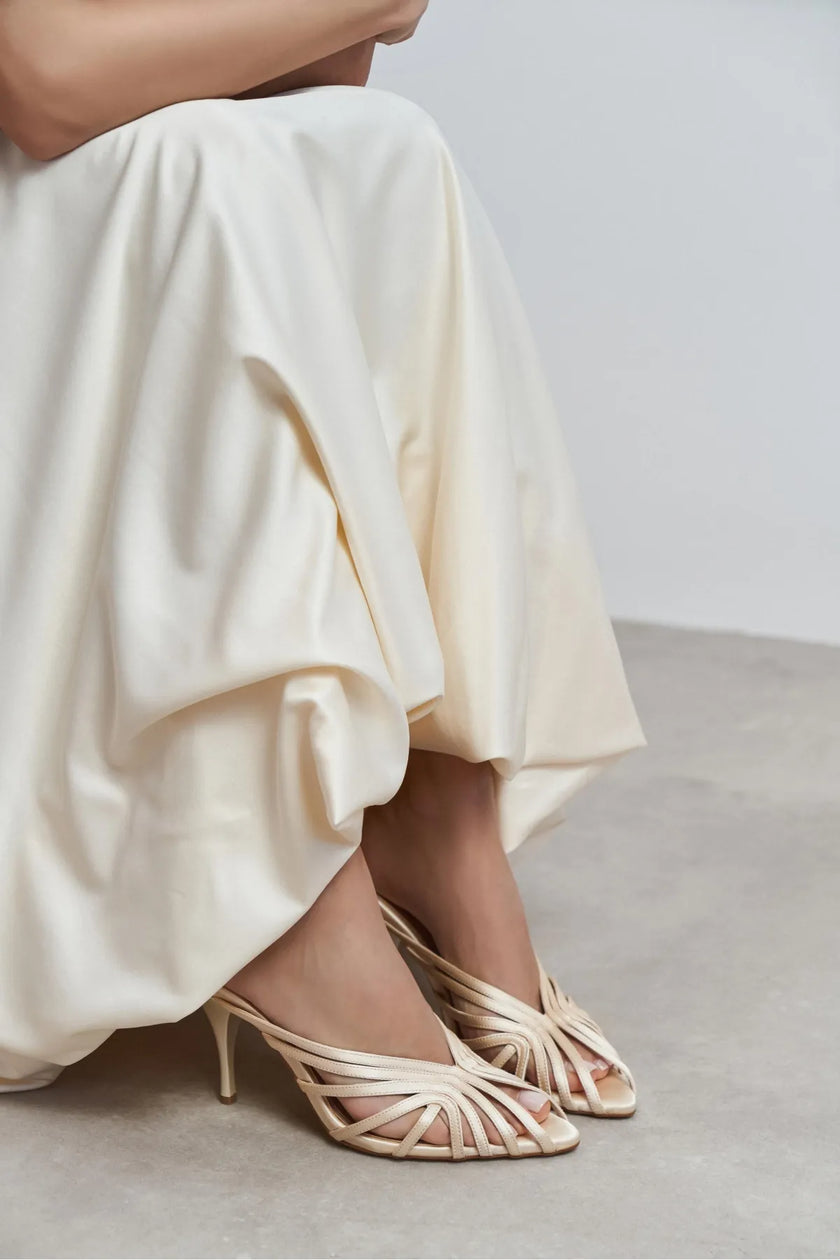 JUDITH Beige Satin Open Toe Cage Detail Women’s Heeled Slippers - Pre order