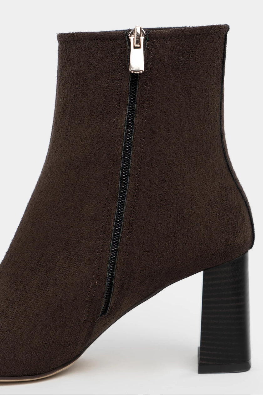 JUNO BROWN SUEDE ZIPPERED THICK-HEELED BLUT-TOE WOMEN'S BOOTS