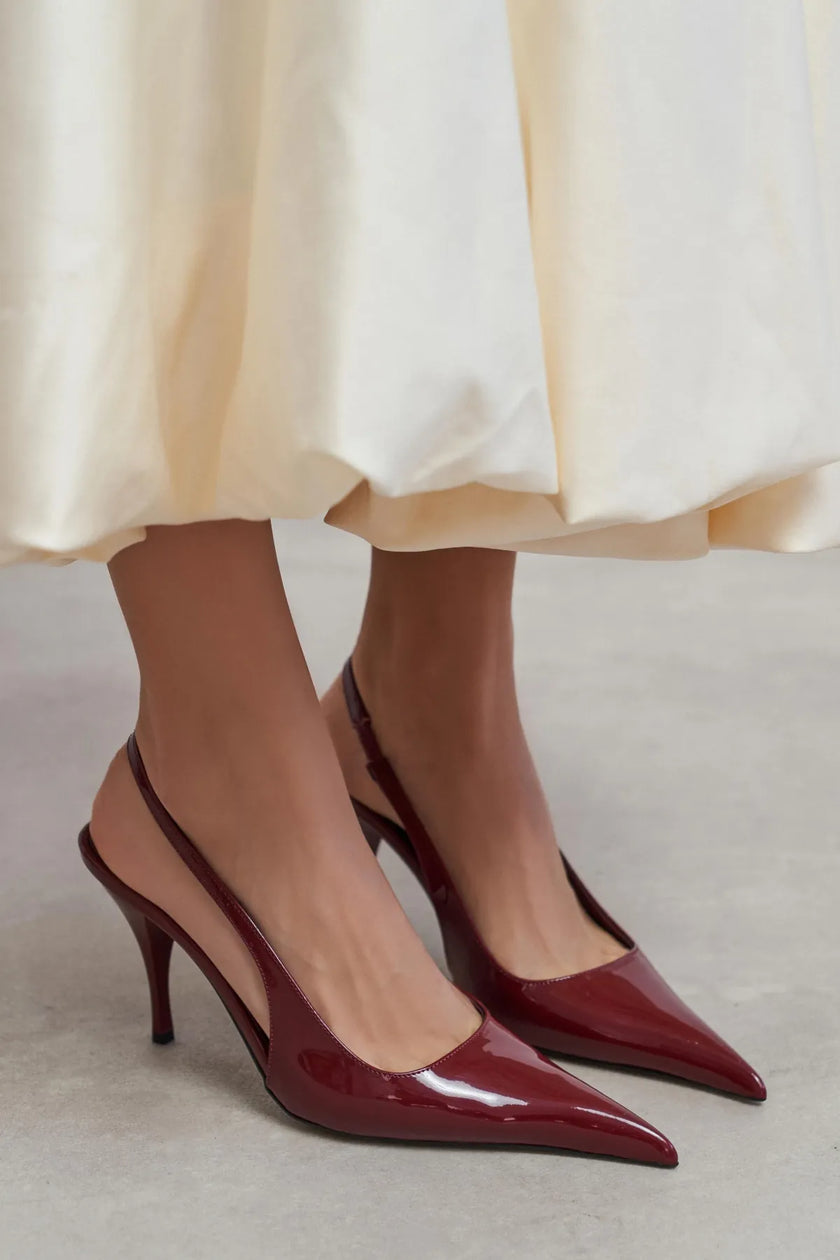 MEHRU Burgundy Patent Buckle Detail Pointed Toe Women’s Heels