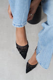 Shine Black Beaded Mesh Pointed-Toe Women's Heeled Shoes