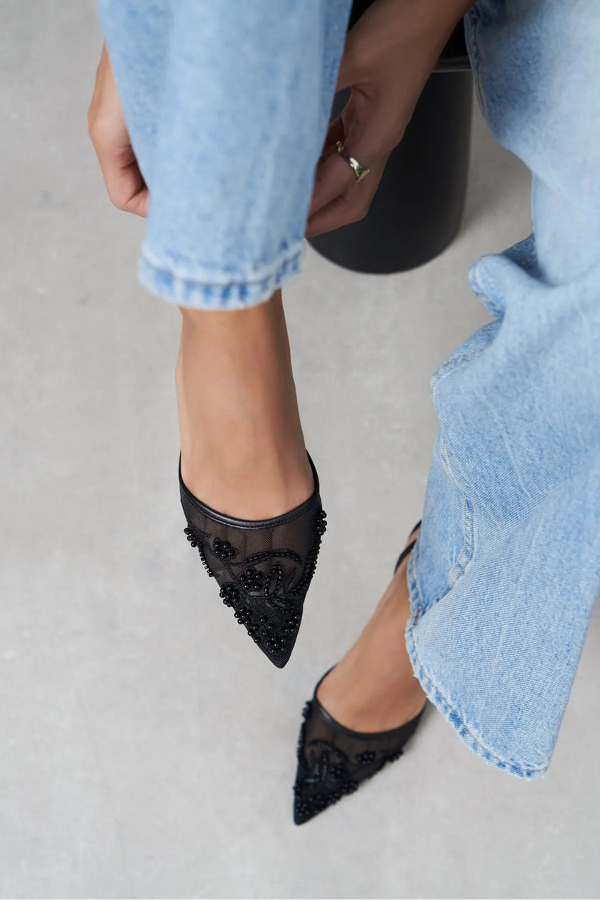 Shine Black Beaded Mesh Pointed-Toe Women's Heeled Shoes