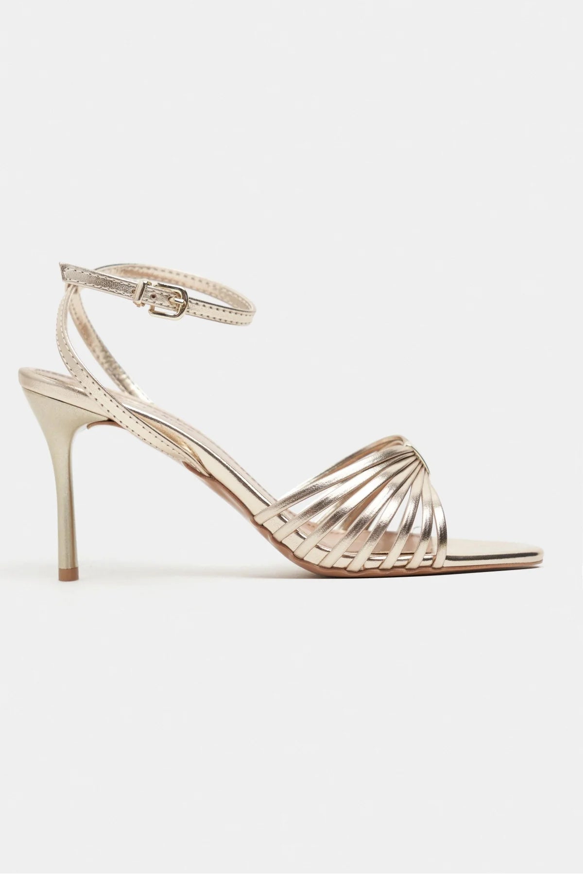 ZARIA GOLD METALLIC CAGED OPEN-TOE WOMEN’S HIGH HEEL SANDALS