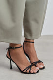 AVA BLACK SATIN CROSS-STRAP ANKLE TIE WOMEN’S HIGH HEELS