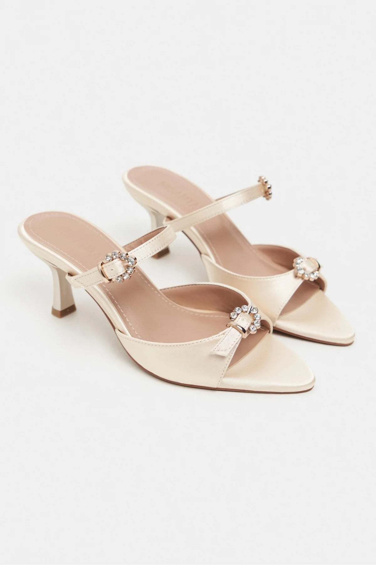 CALISTA Beige Satin Buckle-Detail Pointed-Toe Women's Mule Heels