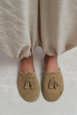 NELLA ROME BEIGE GENUINE SUEDE LEATHER TASSEL DETAIL WOMEN’S FLAT SLIPPERS