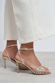 ZARIA GOLD METALLIC CAGED OPEN-TOE WOMEN’S HIGH HEEL SANDALS