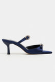 CALISTA Navy Satin Buckle-Detail Pointed-Toe Women's Mule Heels