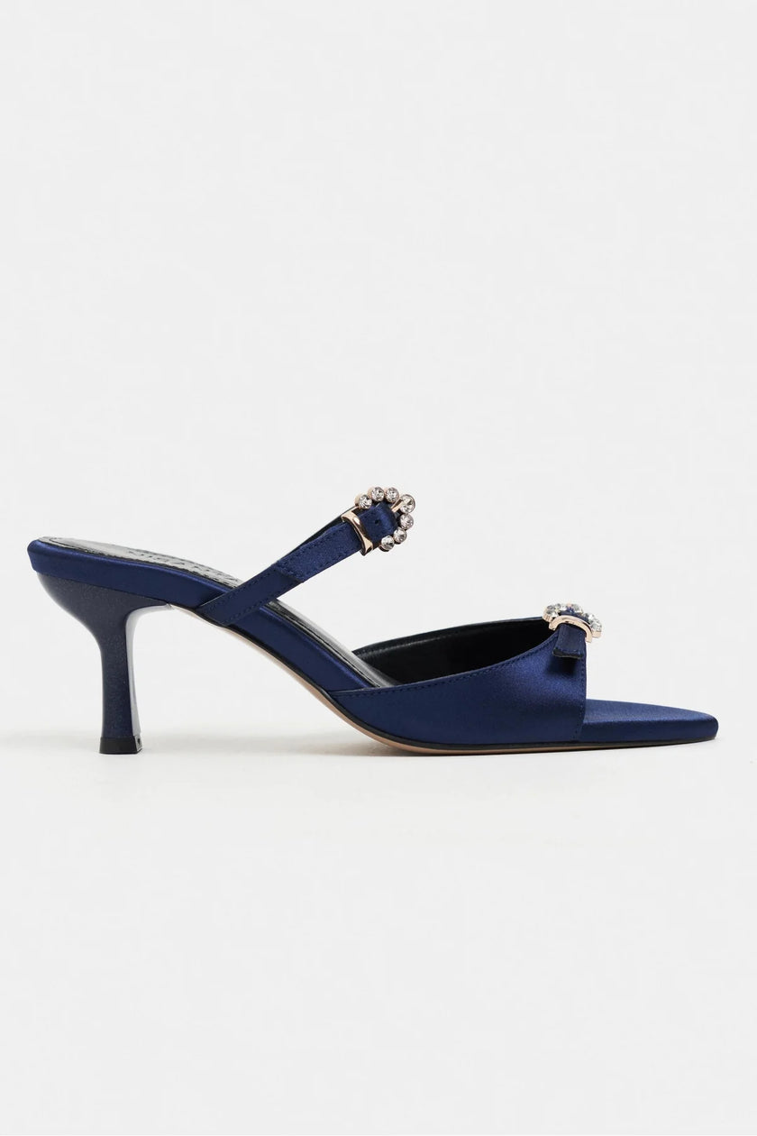 CALISTA Navy Satin Buckle-Detail Pointed-Toe Women's Mule Heels