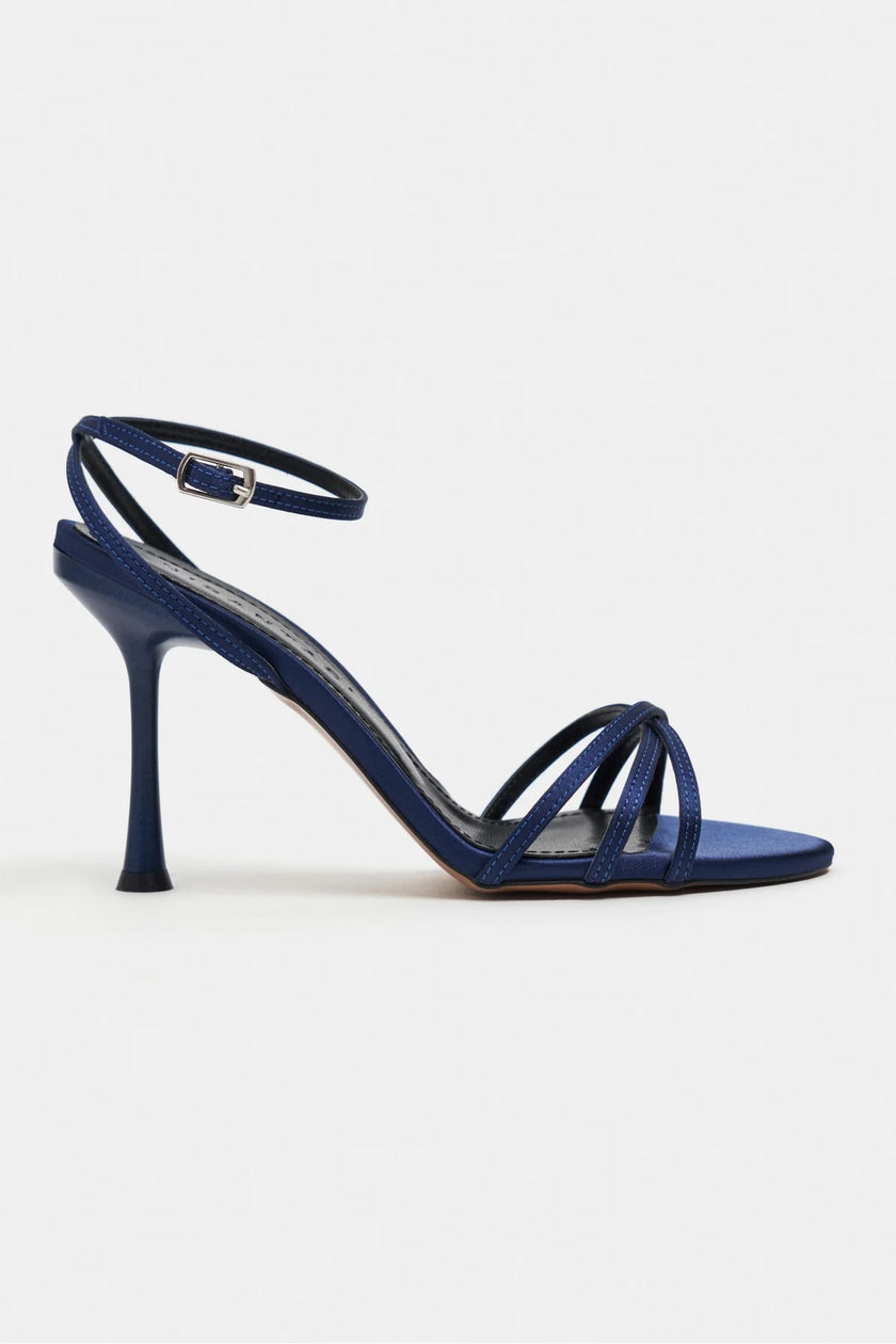 AVA NAVY BLUE SATIN CROSS-STRAP ANKLE TIE WOMEN’S HIGH HEELS