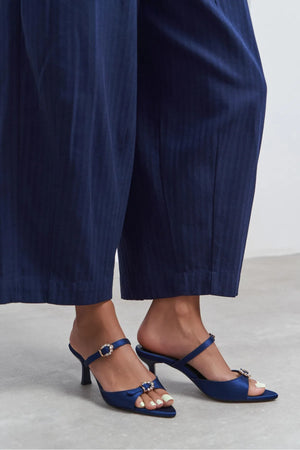 CALISTA Navy Satin Buckle-Detail Pointed-Toe Women's Mule Heels