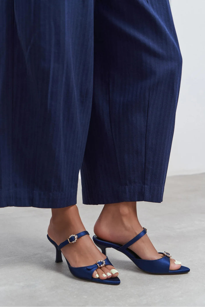 CALISTA Navy Satin Buckle-Detail Pointed-Toe Women's Mule Heels