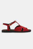 DESSAS RED SUEDE GENUINE LEATHER BUCKLE DETAIL WOMEN’S FLAT OPEN-TOE SANDALS