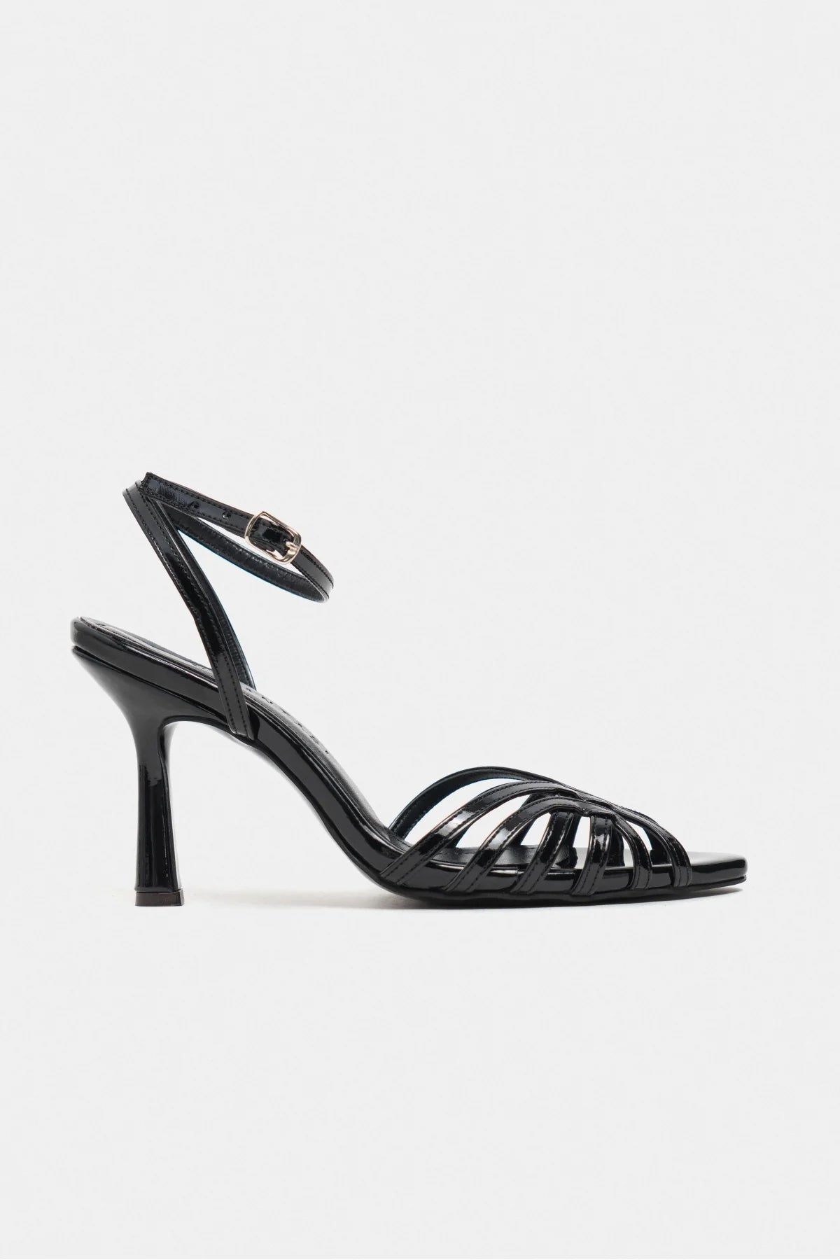 MERY Black Patent Leather Ankle-Strap Women’s Heel Sandals