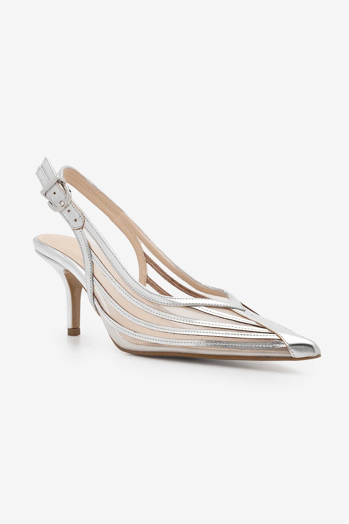 VIMOLA Women’s Silver Strappy Mesh Pointed Toe Stiletto Heels
