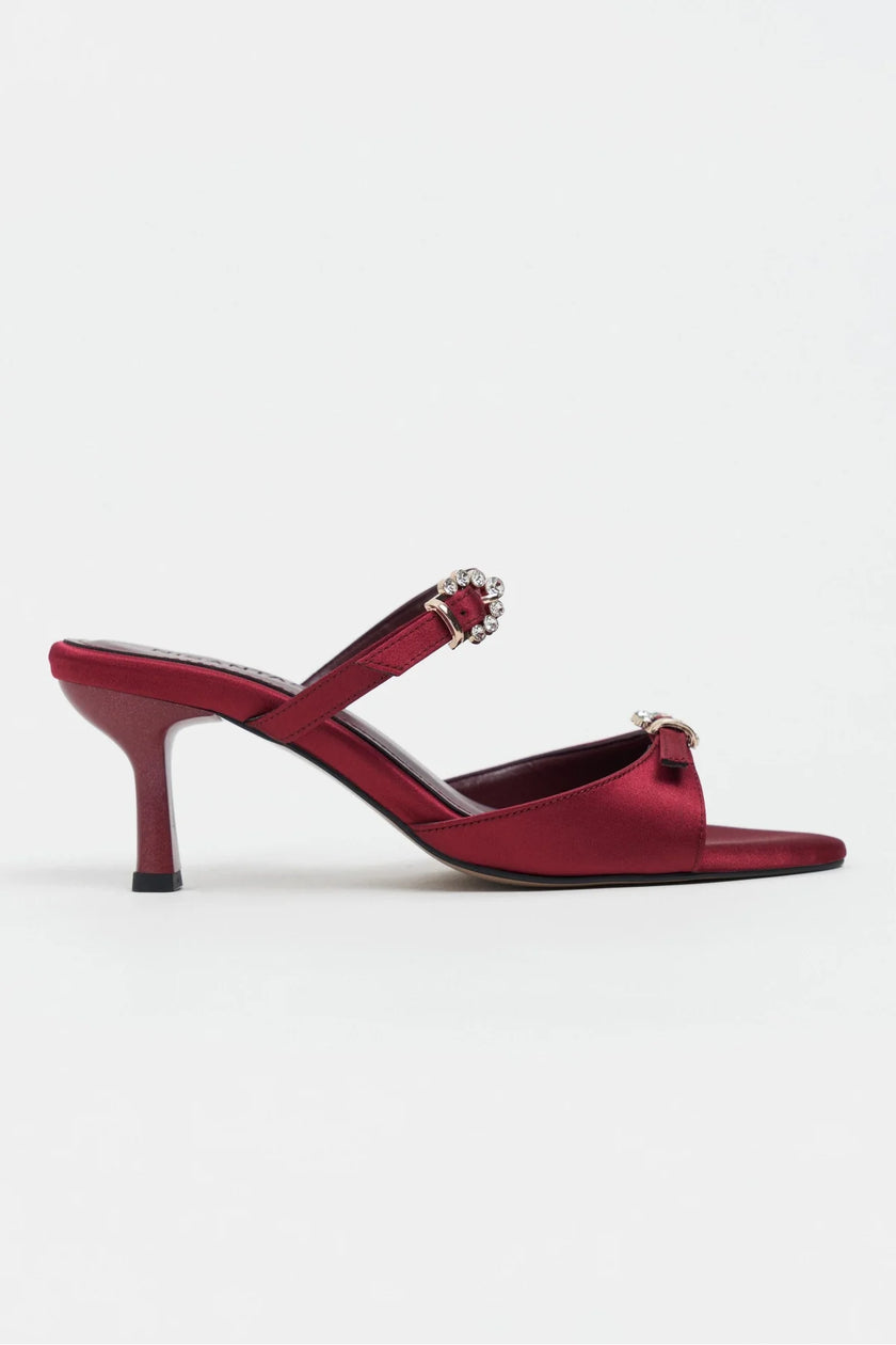 CALISTA Burgundy Satin Buckle Detail Pointed-Toe Women's Mule Heels