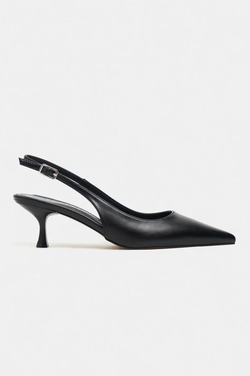 MEGY Black Matte Pointed Toe Slingback Buckle Detail Women’s Heels