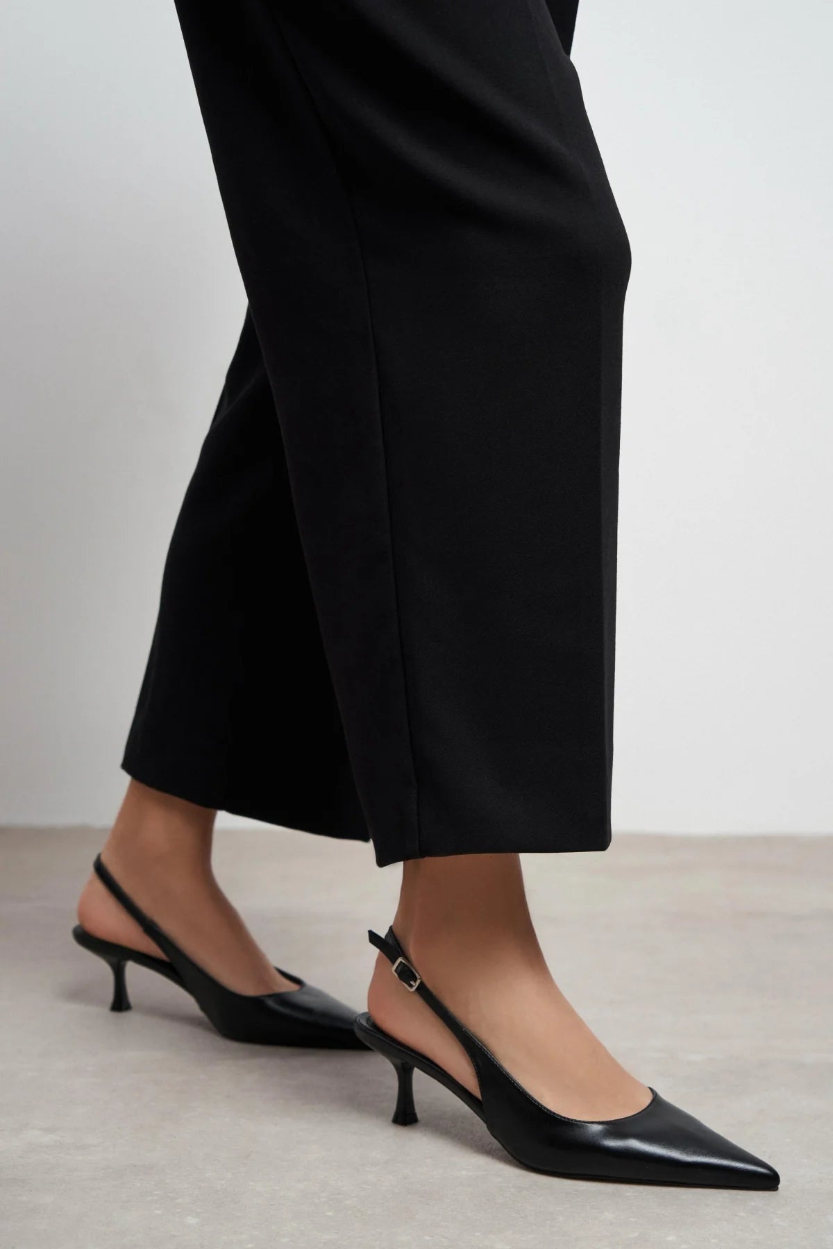 MEGY Black Matte Pointed Toe Slingback Buckle Detail Women’s Heels