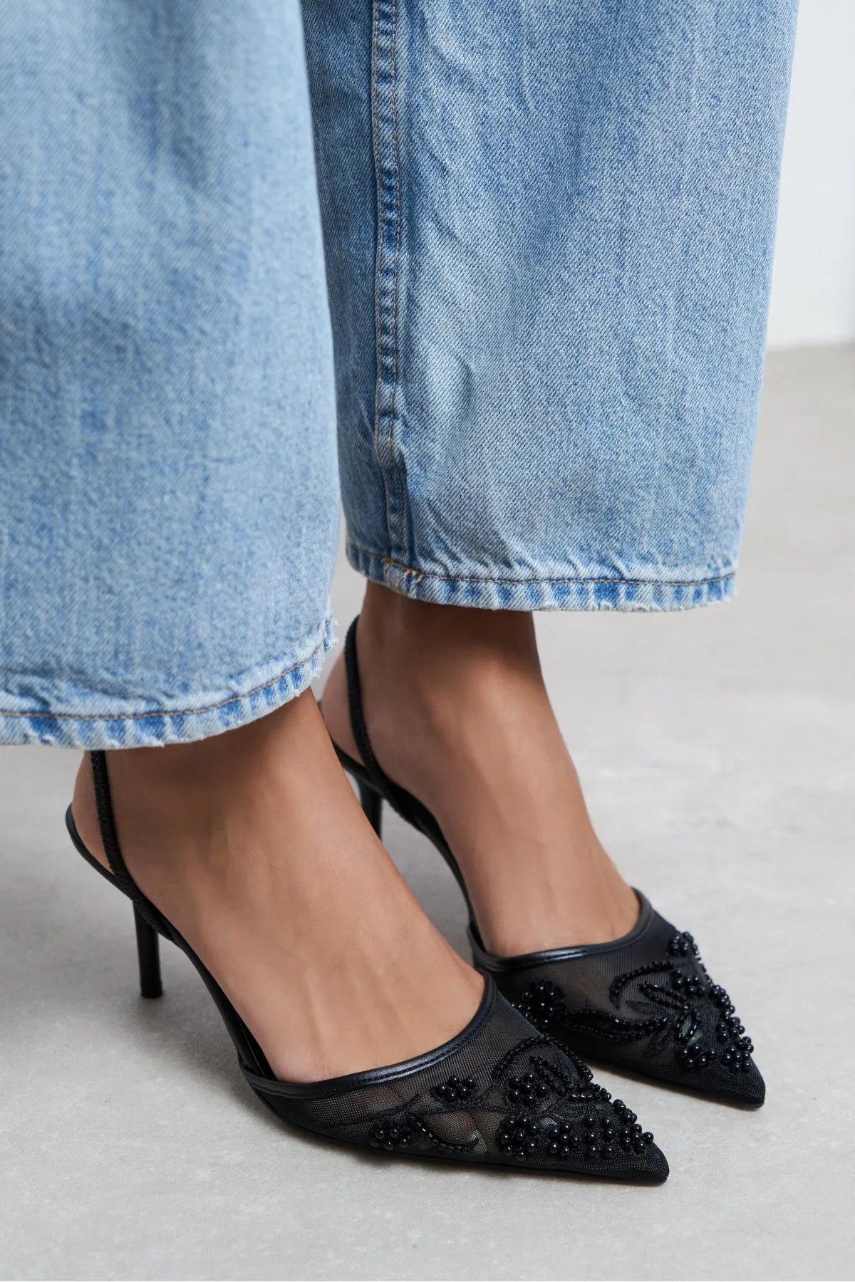 Shine Black Beaded Mesh Pointed-Toe Women's Heeled Shoes