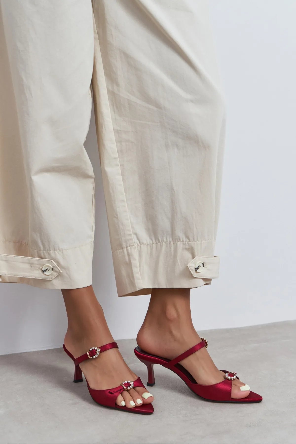 CALISTA Burgundy Satin Buckle Detail Pointed-Toe Women's Mule Heels
