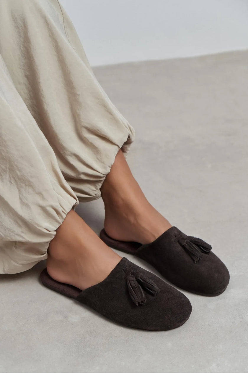NELLA BITTER BROWN GENUINE SUEDE LEATHER TASSEL DETAIL WOMEN’S FLAT SLIPPERS