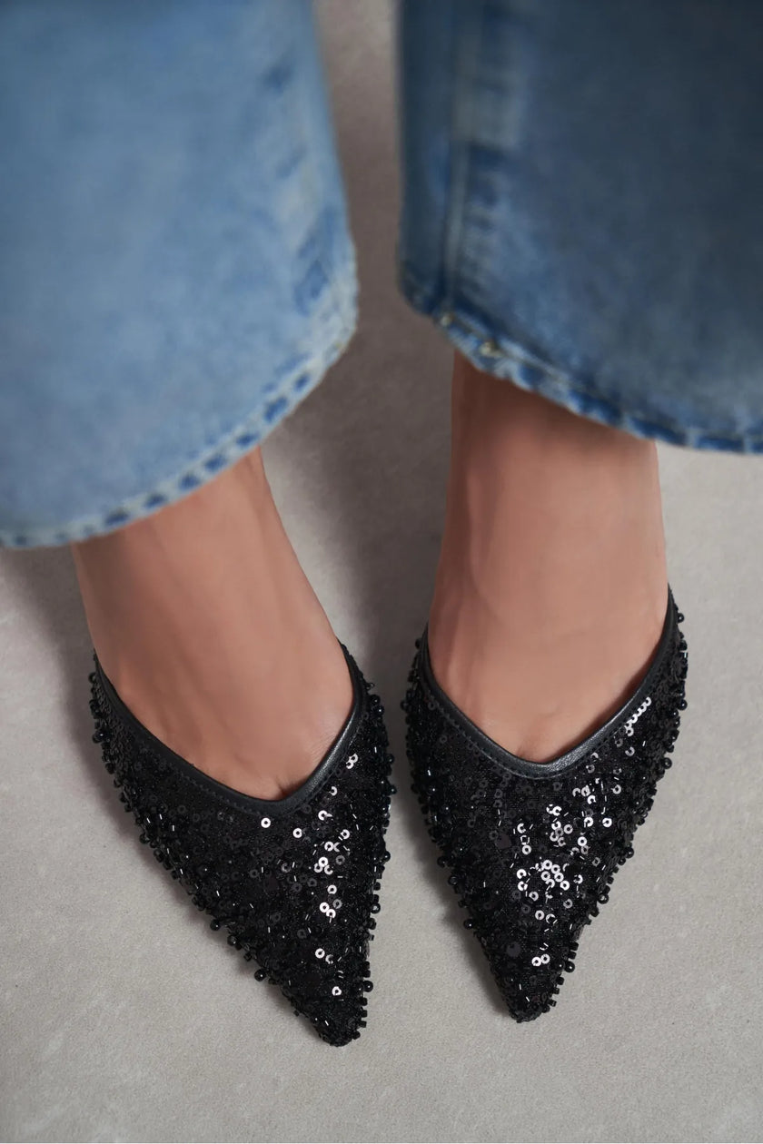 SARA Black Mesh Beaded Detail Pointed Toe Women’s Heel Shoes