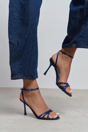 AVA NAVY BLUE SATIN CROSS-STRAP ANKLE TIE WOMEN’S HIGH HEELS