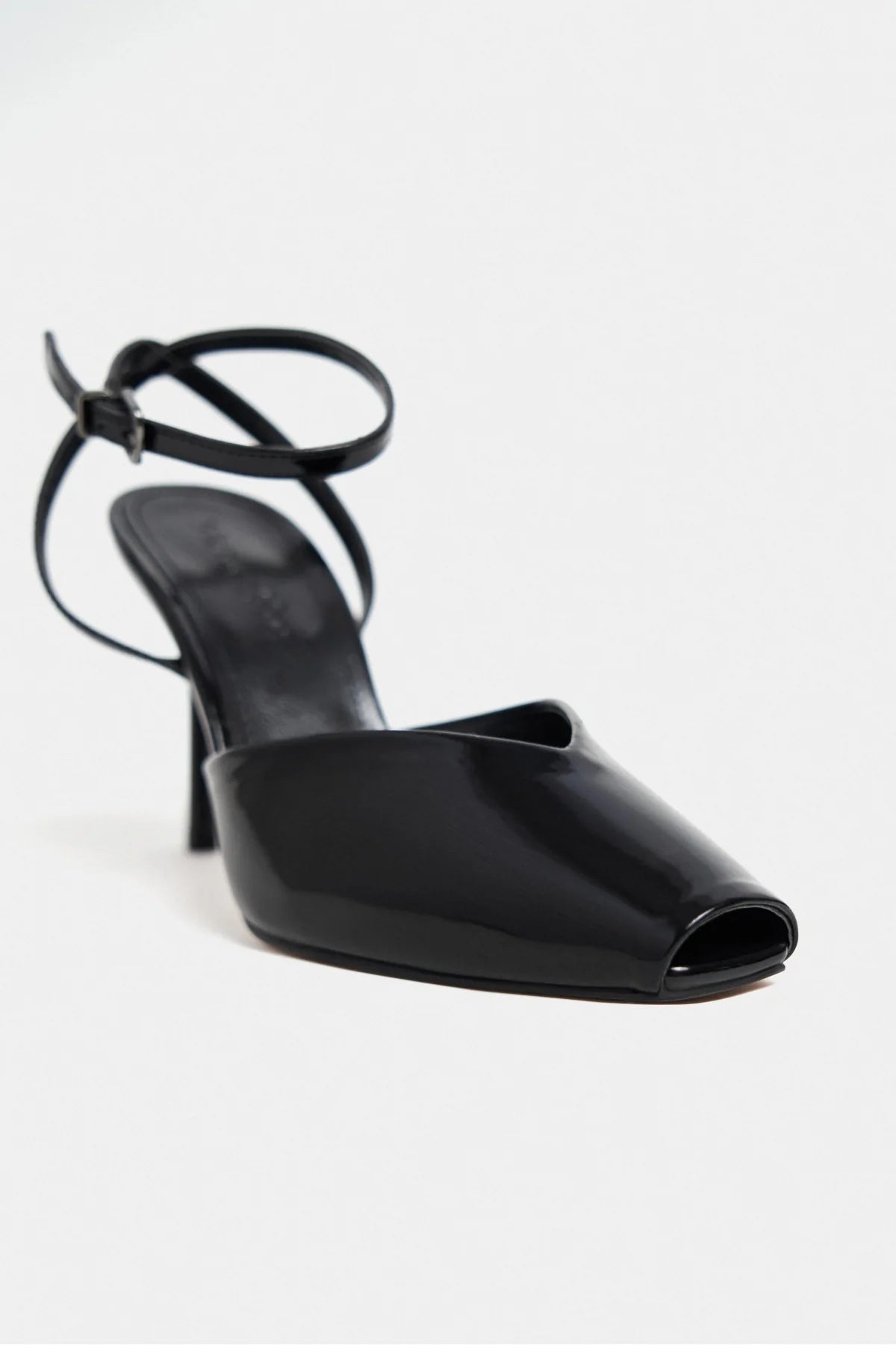 KAHLA Black Patent Leather Ankle Strap Open Toe Women’s Heel Shoes
