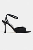 TANIA Black Satin Ankle-Strap Stiletto Heels