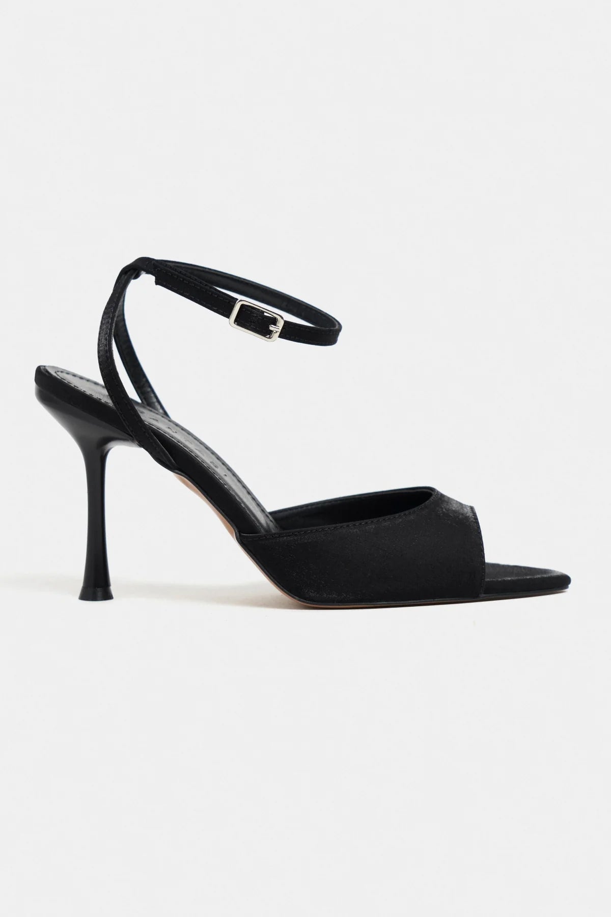 TANIA Black Satin Ankle-Strap Stiletto Heels