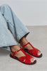 DESSAS RED SUEDE GENUINE LEATHER BUCKLE DETAIL WOMEN’S FLAT OPEN-TOE SANDALS
