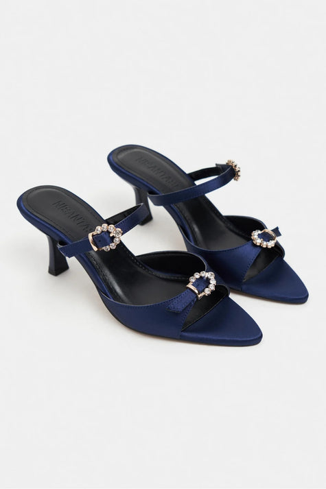 CALISTA Navy Satin Buckle-Detail Pointed-Toe Women's Mule Heels